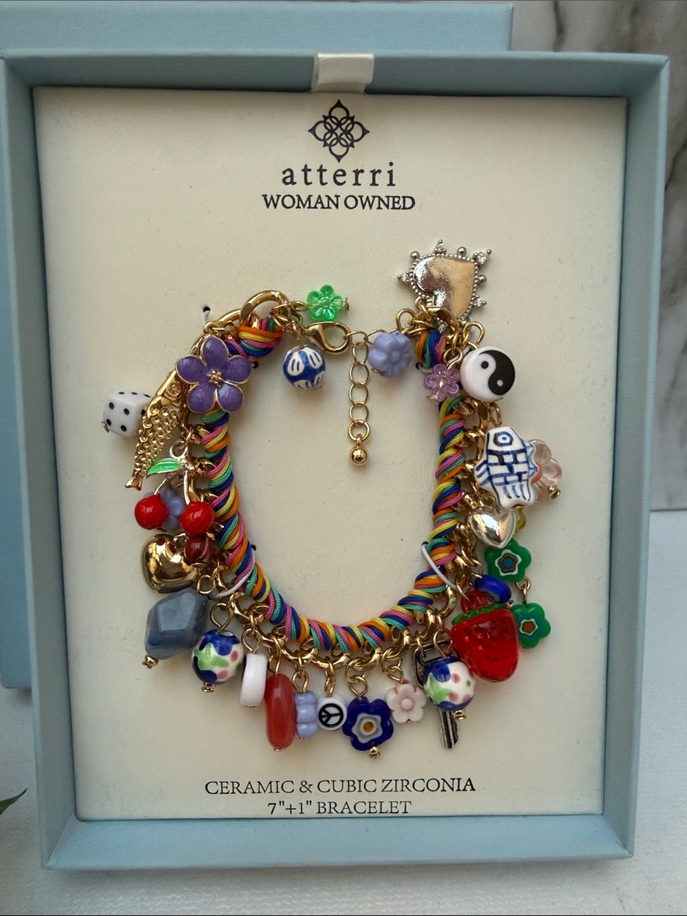 Atterri Bracelet Ceramic & Cubic Zirconia 7” + 1” Inches Pendant Multi Color